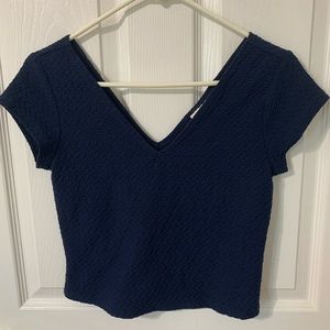 Navy Blue V Neck Front/Back Textured Cropped Tee